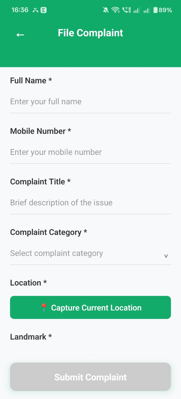 Swachh Nagar municipal complaints submission interface