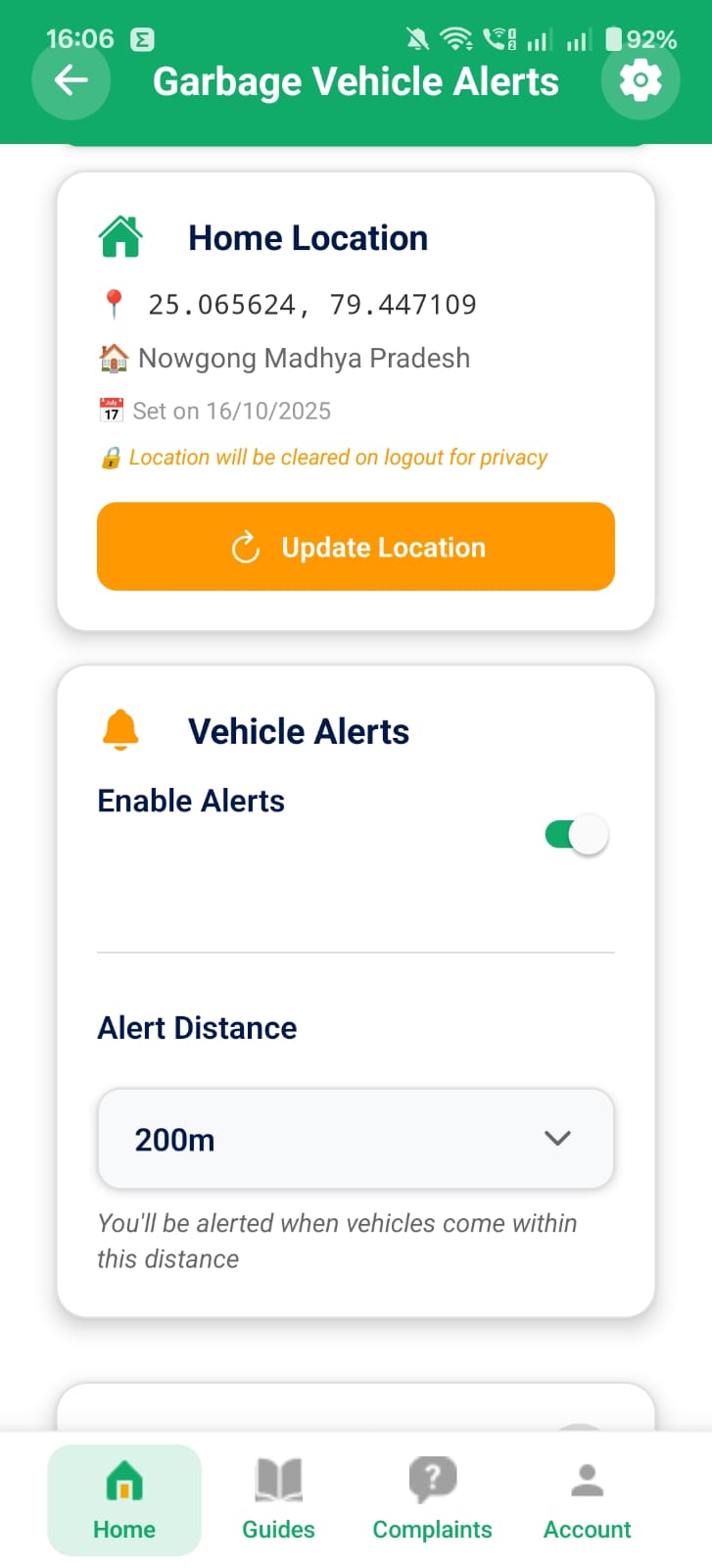 Garbage vehicle proximity alarm notification for Swachh Nagar app