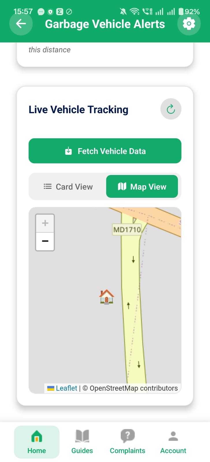 Swachh Nagar proximity alert interface showing garbage tracking on map